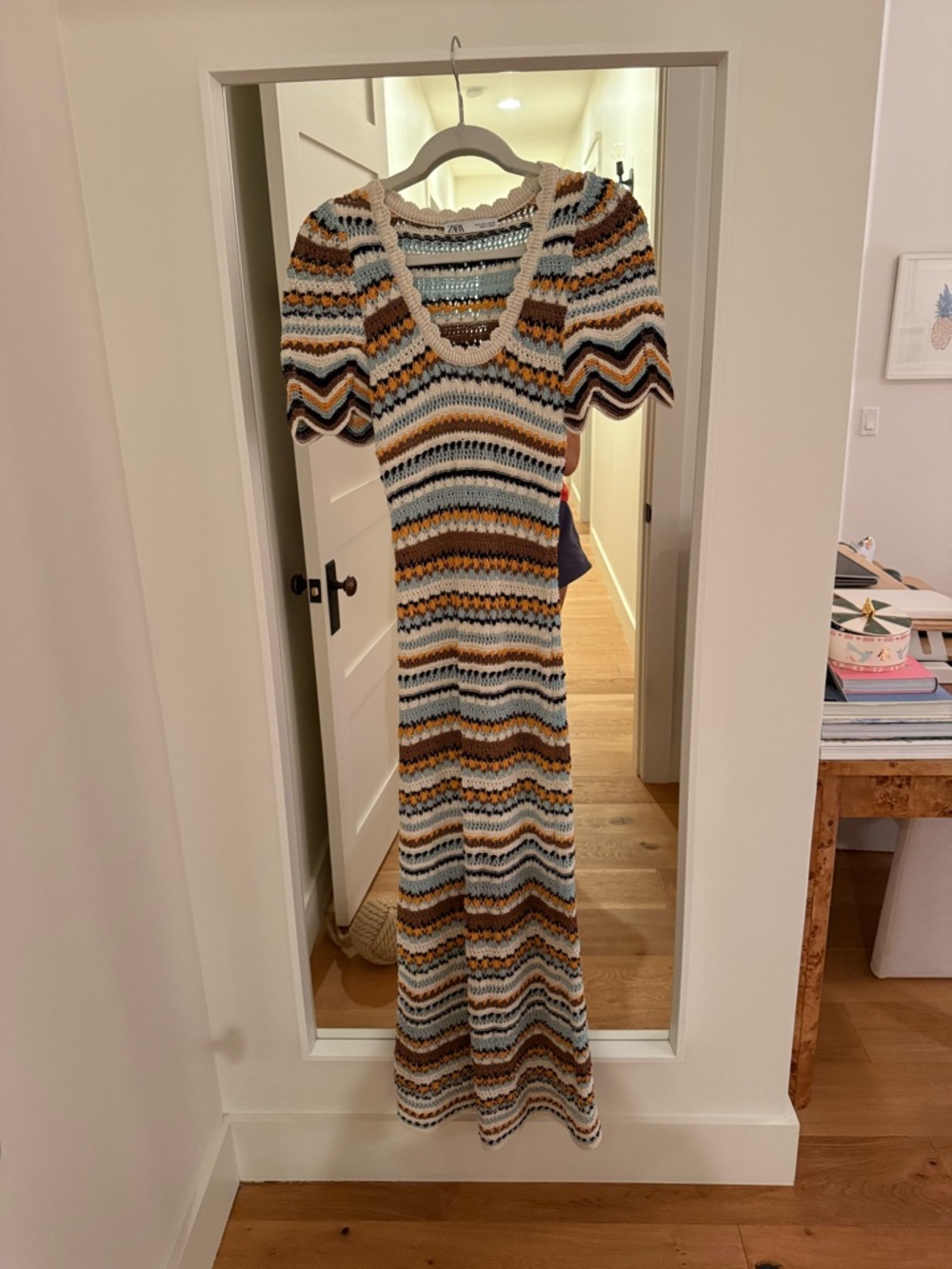 Zara Knit Striped Maxi Dress in White, Brown & Blue